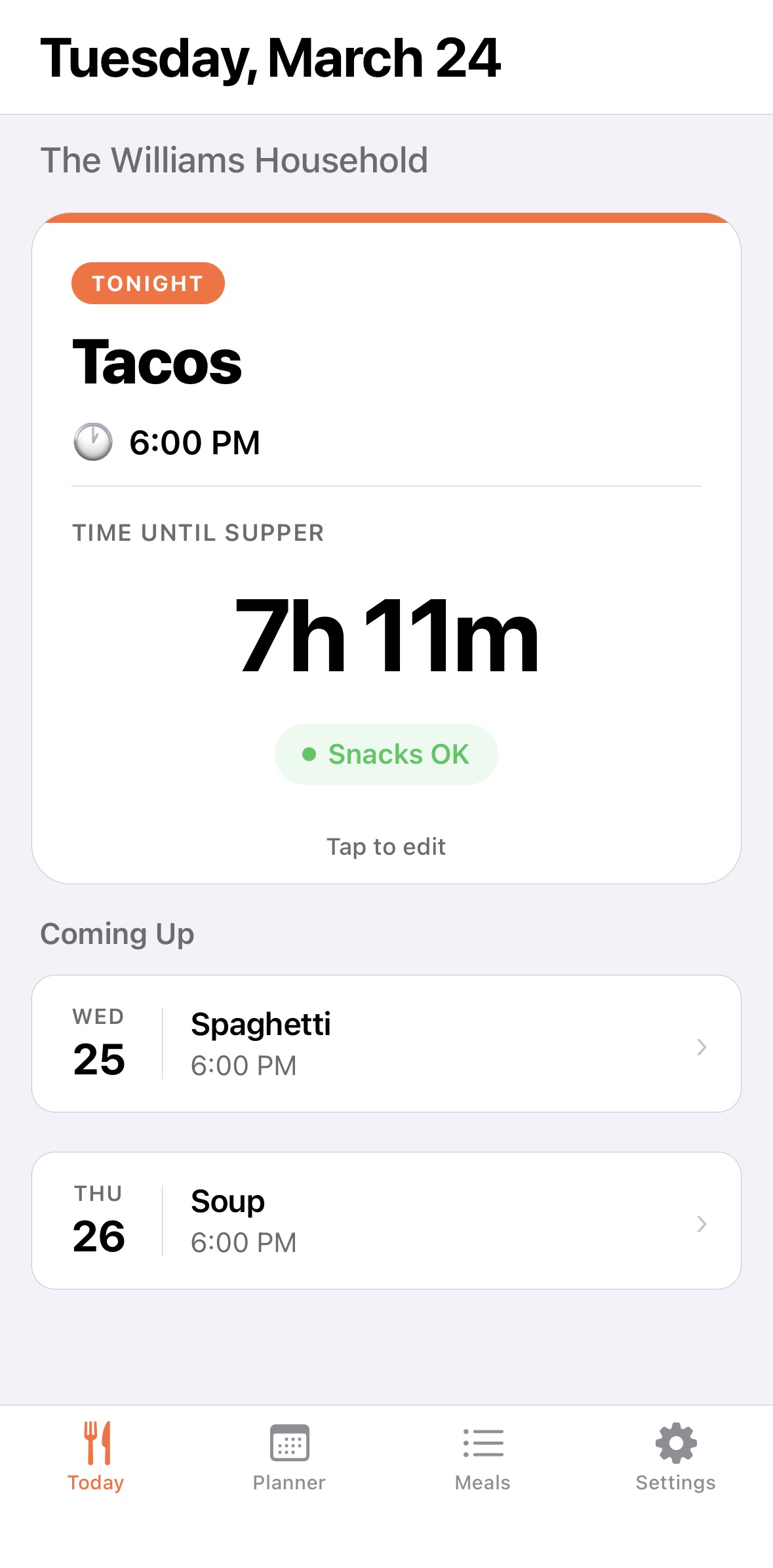 Dinny app showing tonight's dinner with countdown timer and snack guidance