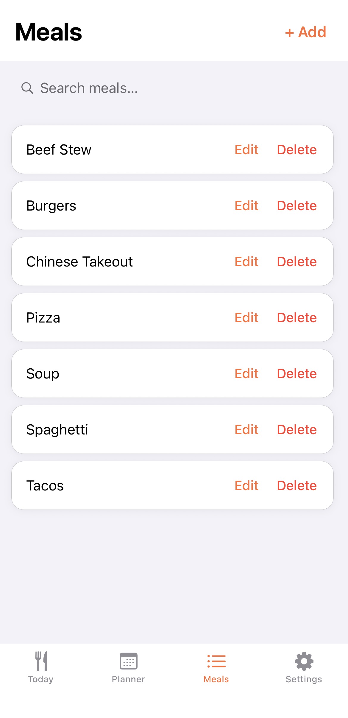 Dinny meal library showing saved household meals