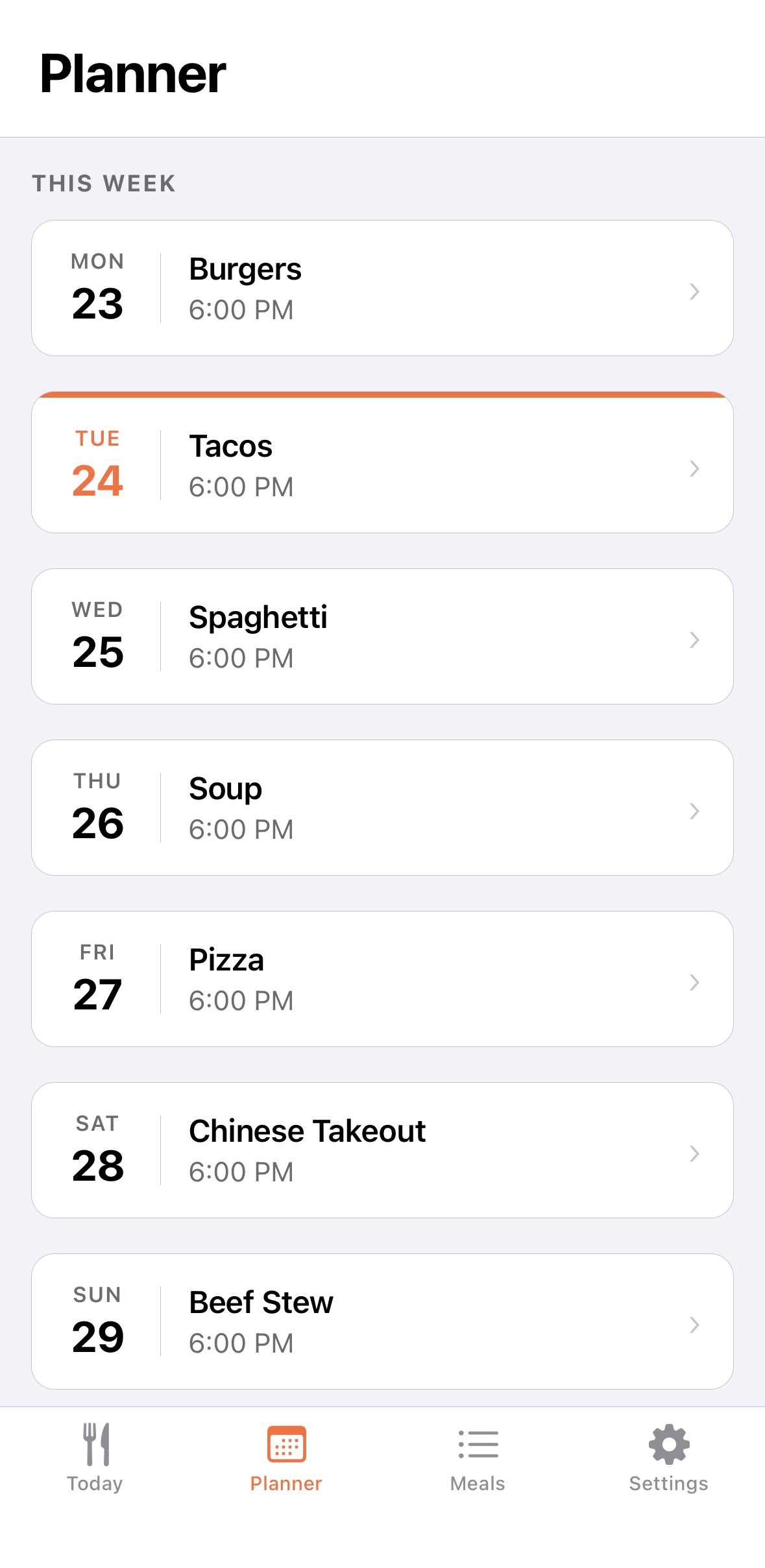Dinny weekly dinner planner showing meals laid out day by day