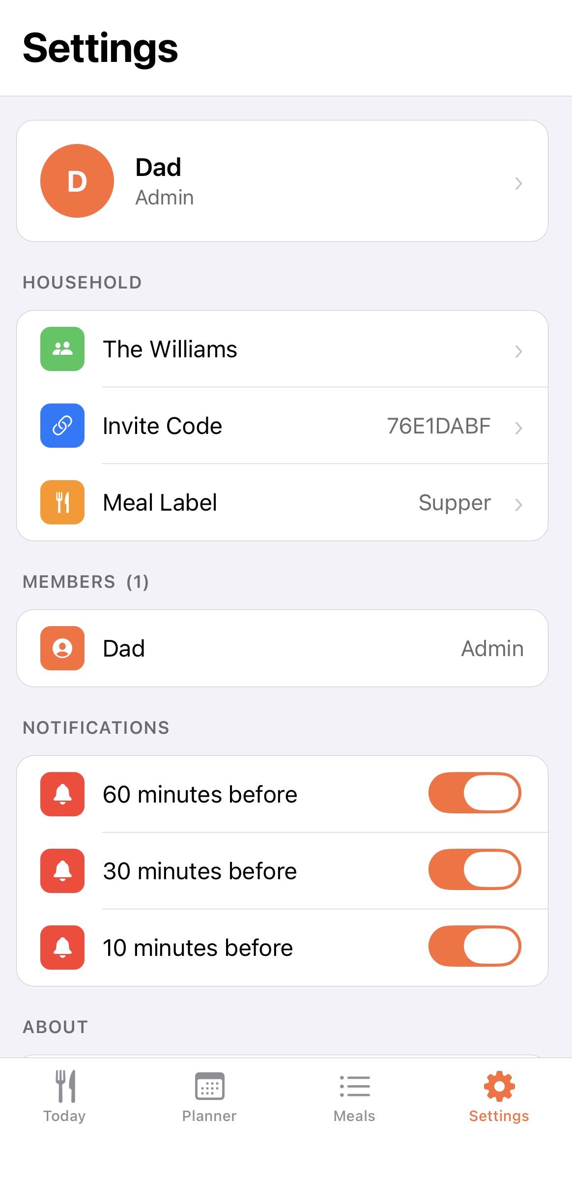 Dinny settings screen showing household customisation options